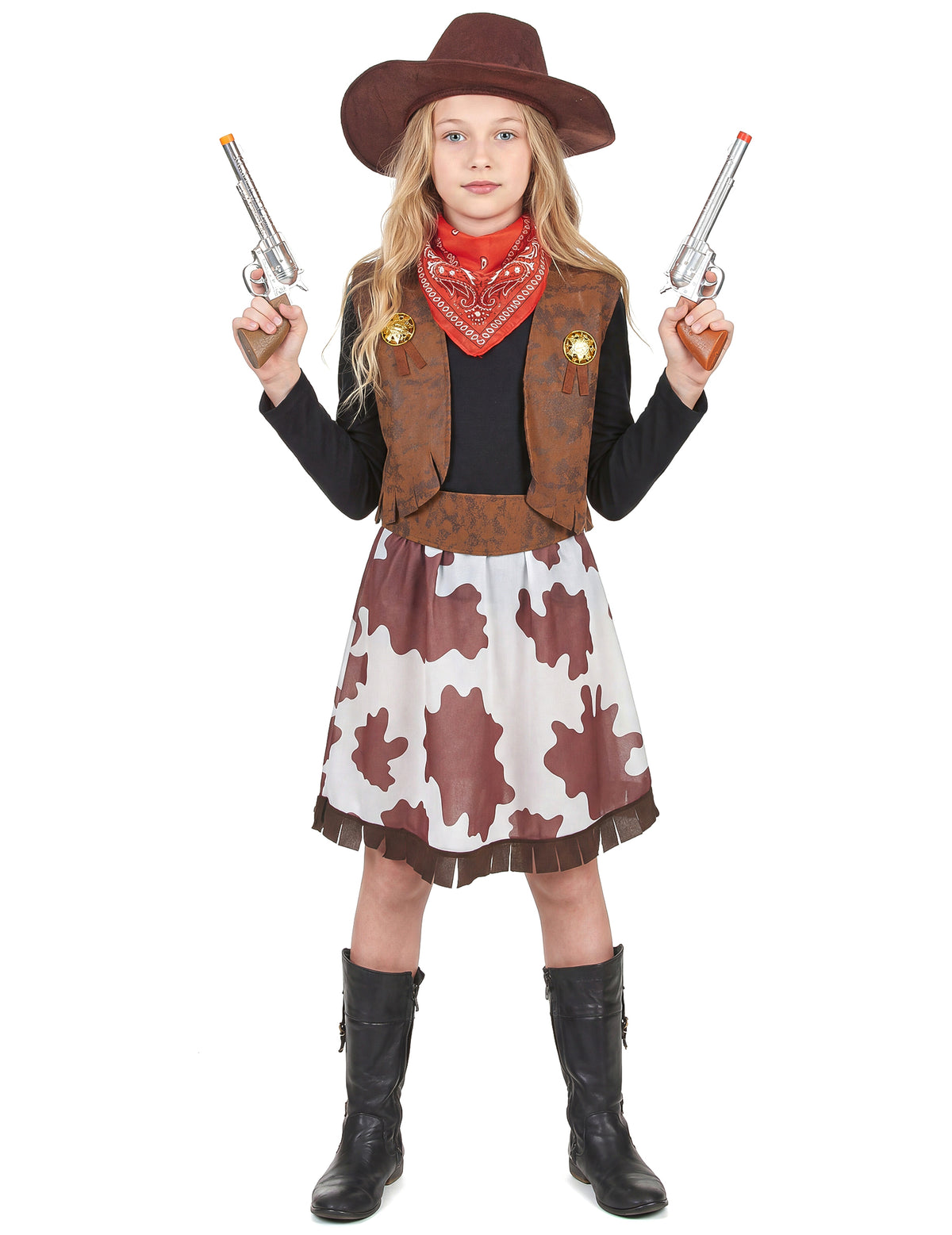 Déguisement cowgirl pour fille marron et blanc avec chapeau et bandana rouge