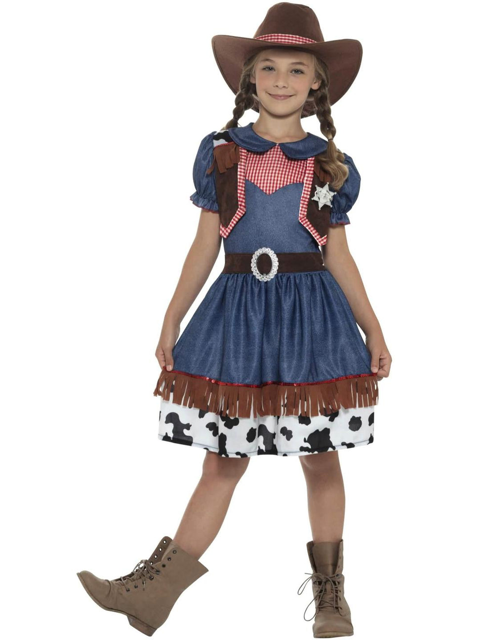 Costum de cowgirl texană pentru fată albastru și roșu cu imprimeu vacă și pălărie