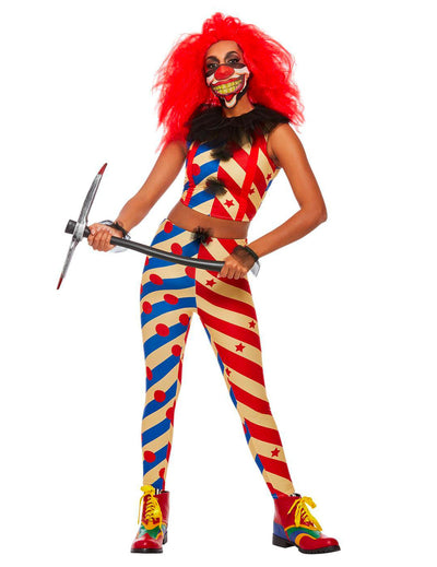Costum de clovn creepy bicolor pentru femei, roșu și albastru, cu dungi și buline