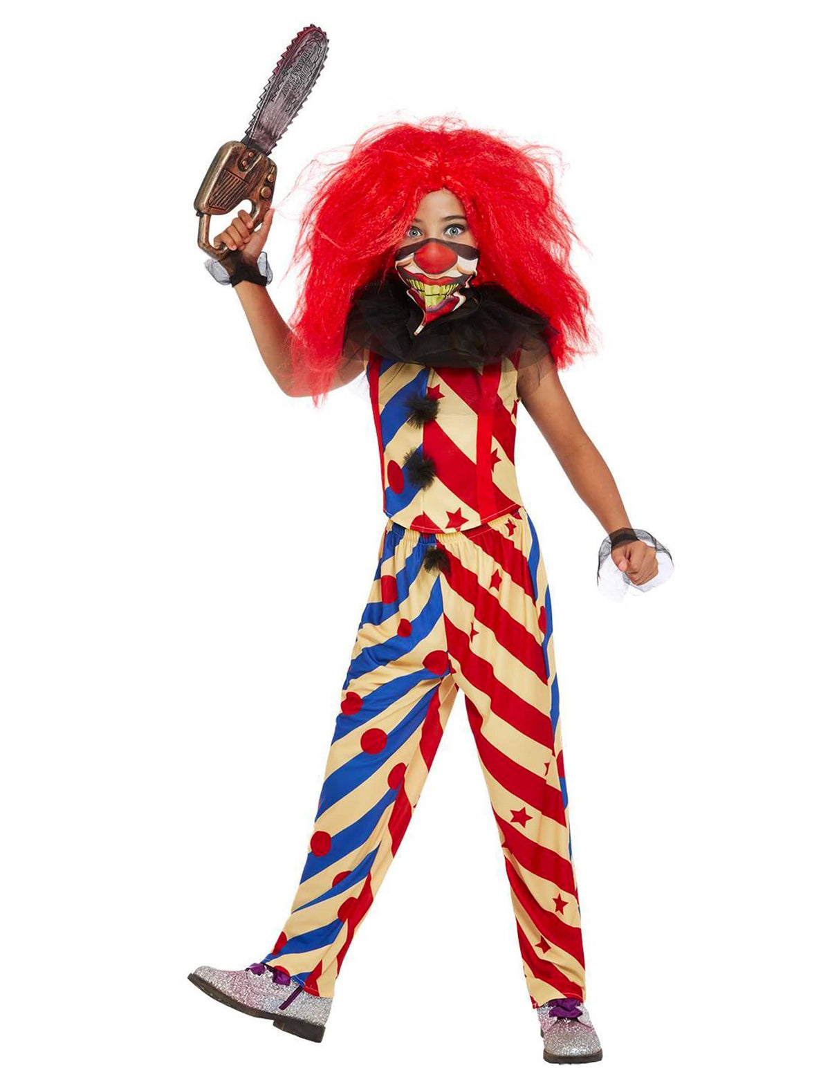 Accesoriu motofierăstrău și mască pentru costumul creepy clown bicolor pentru fată