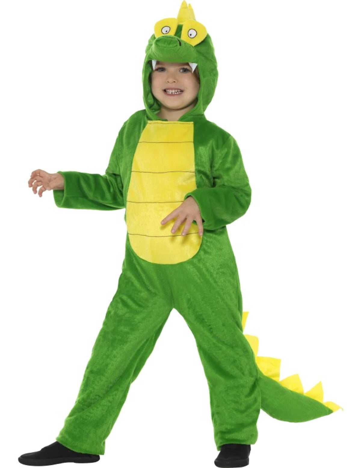 Costum de crocodil amuzant pentru copil, verde și galben, cu glugă și coadă