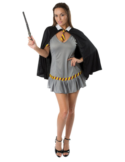 Costum de studentă magiciană pentru femei gri și negru cu baghetă