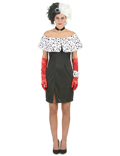 Déguisement dame cruelle sexy pour femme noir et blanc avec étole dalmatien et gants rouges