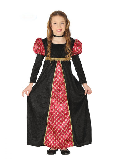 Costum medieval de damă pentru fată, negru și roșu, cu detalii aurii