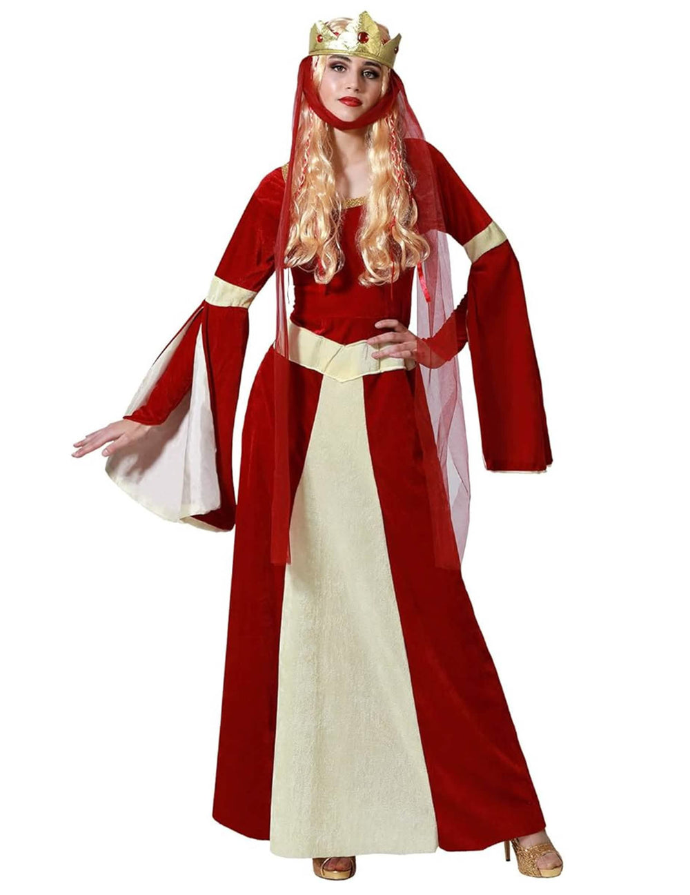 Costum de doamnă medievală pentru femeie roșu și auriu cu coroană
