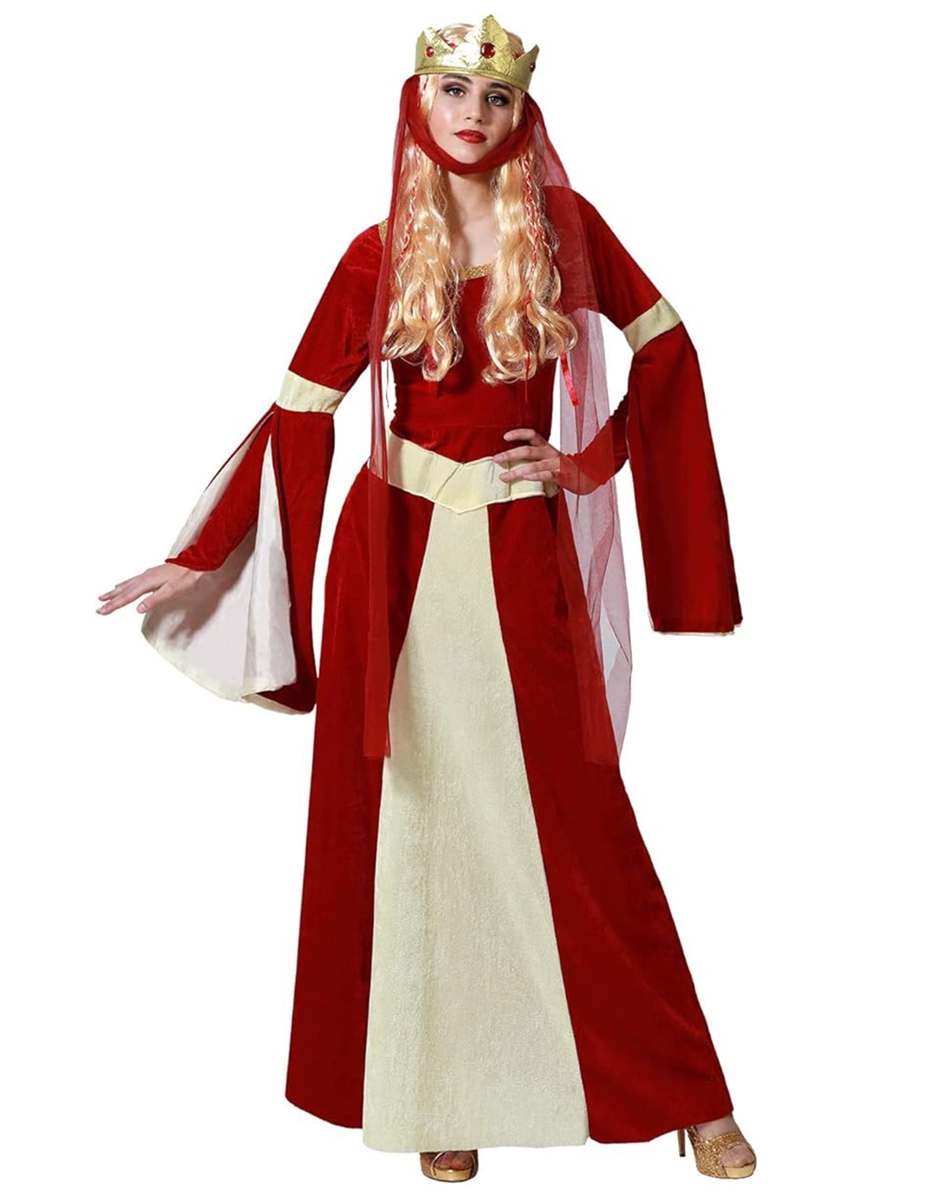 Déguisement dame médiévale pour femme rouge et or avec couronne