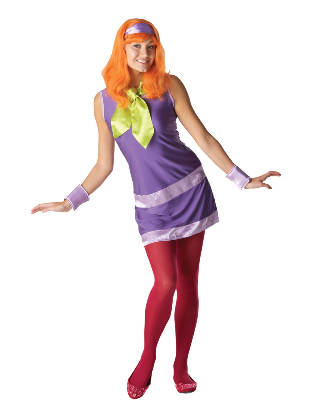 Costumul Daphné Scooby-doo™ pentru femeie mov cu eșarfă verde și perucă roșcată