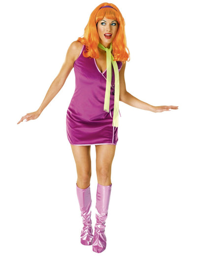 Costum Daphnè Scooby pentru femei violet cu fular verde și perucă roșie