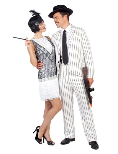 Déguisement de couple gangster blanc et charleston blanche adultes