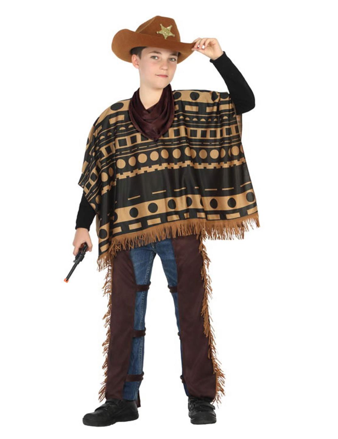 Costum de cowboy cu poncho pentru băiat maro și negru cu motive și pălărie