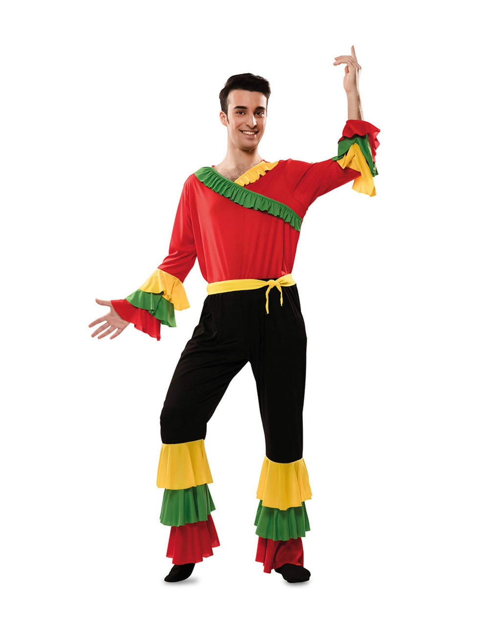 Costum de dansator de rumba pentru bărbat roșu, galben, verde și negru cu volane