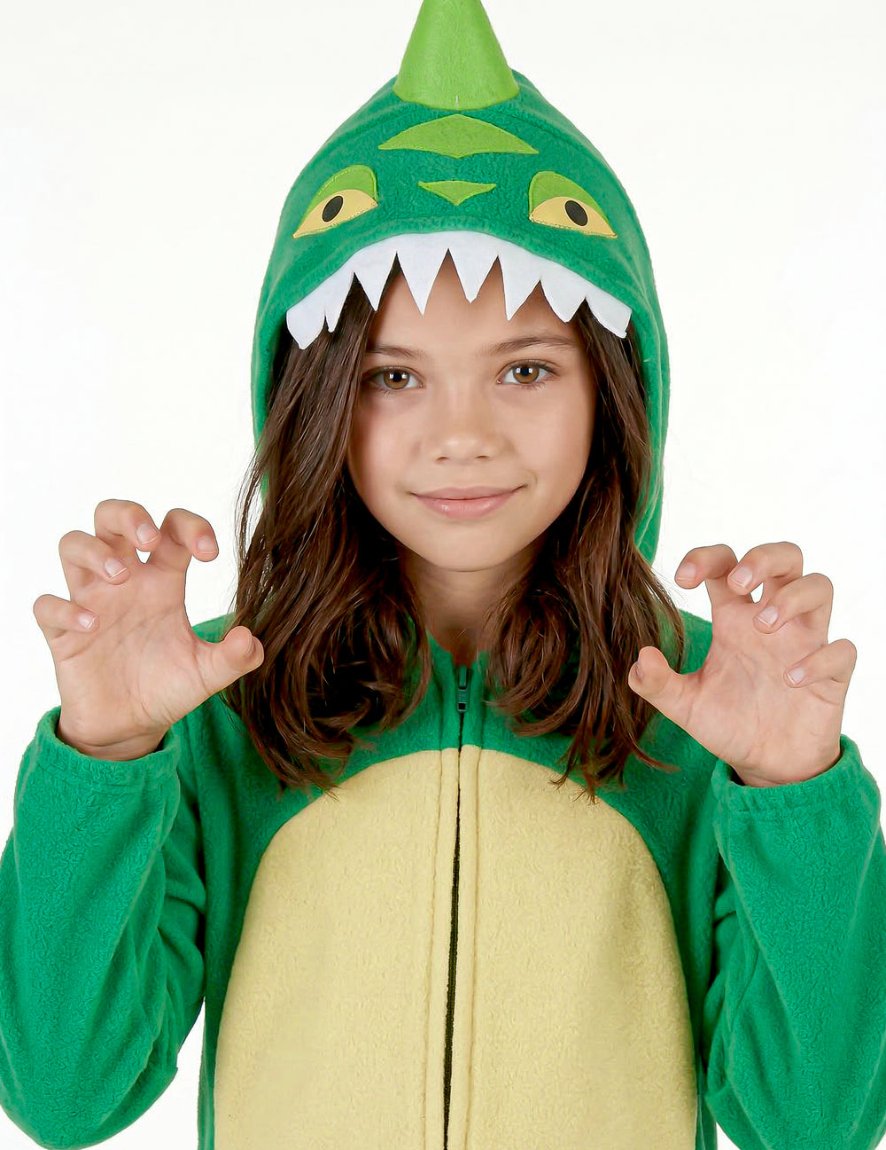 Gros plan sur la capuche et les mains en griffes du déguisement de dinosaure pour enfant