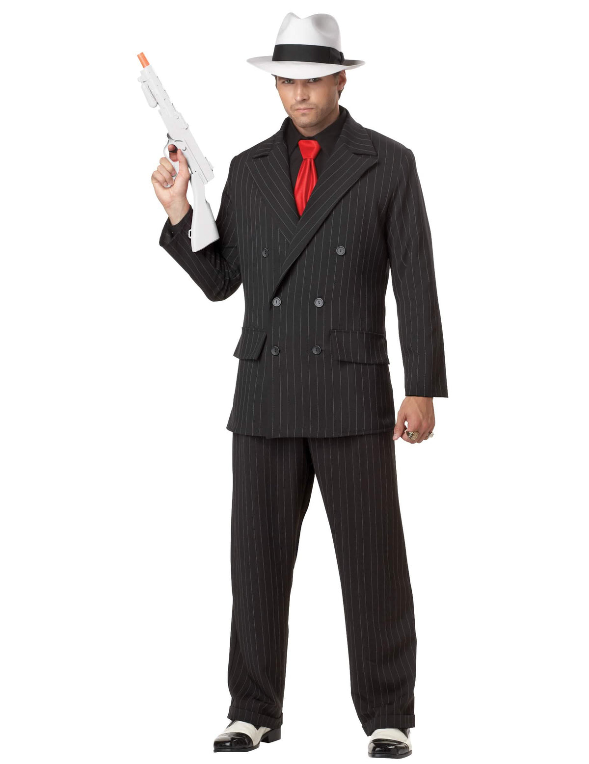 Costum de gangster pentru bărbat negru cu dungi, cu cravată roșie și pălărie albă
