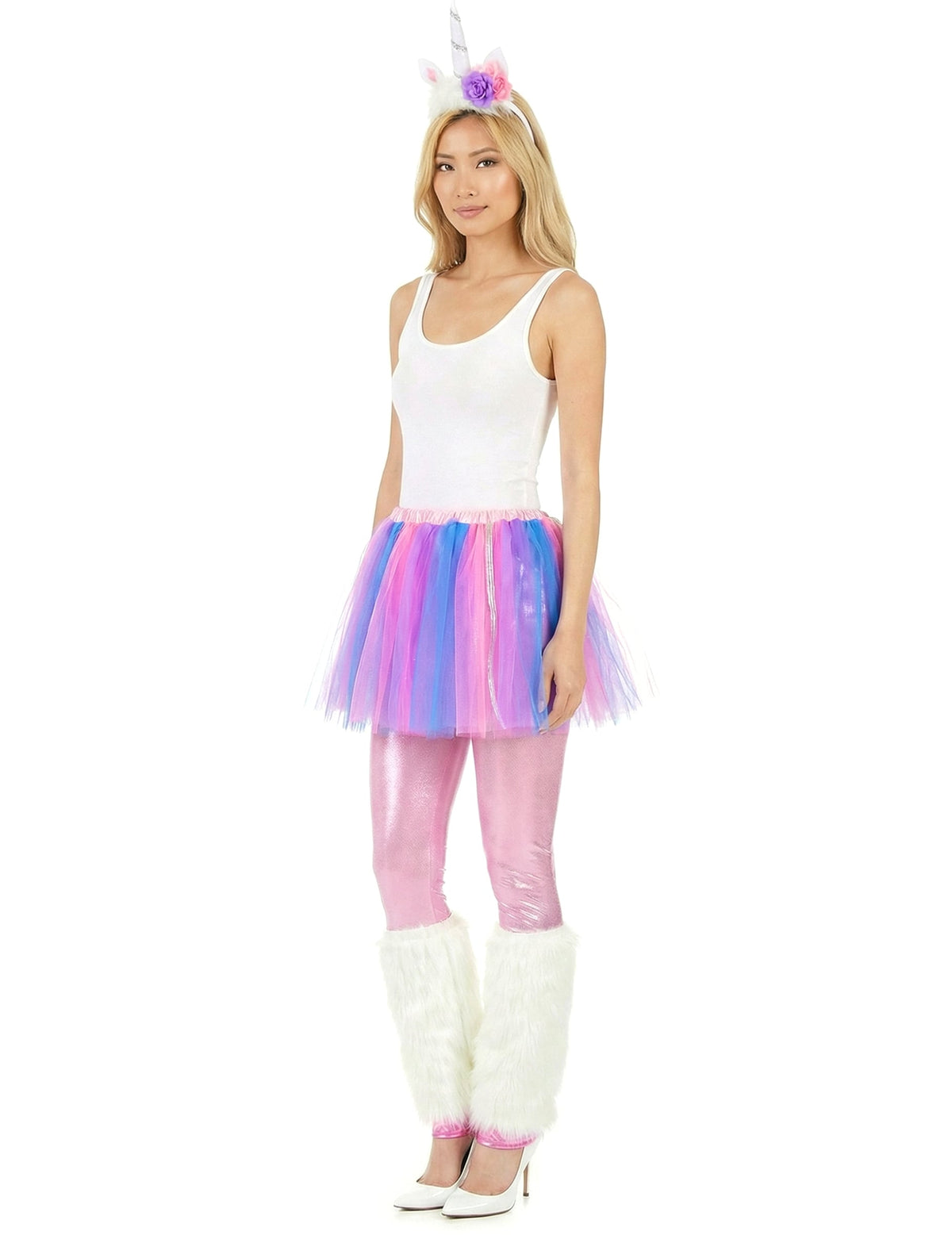 Vue de trois-quarts du déguisement de licorne multicolore pour femme