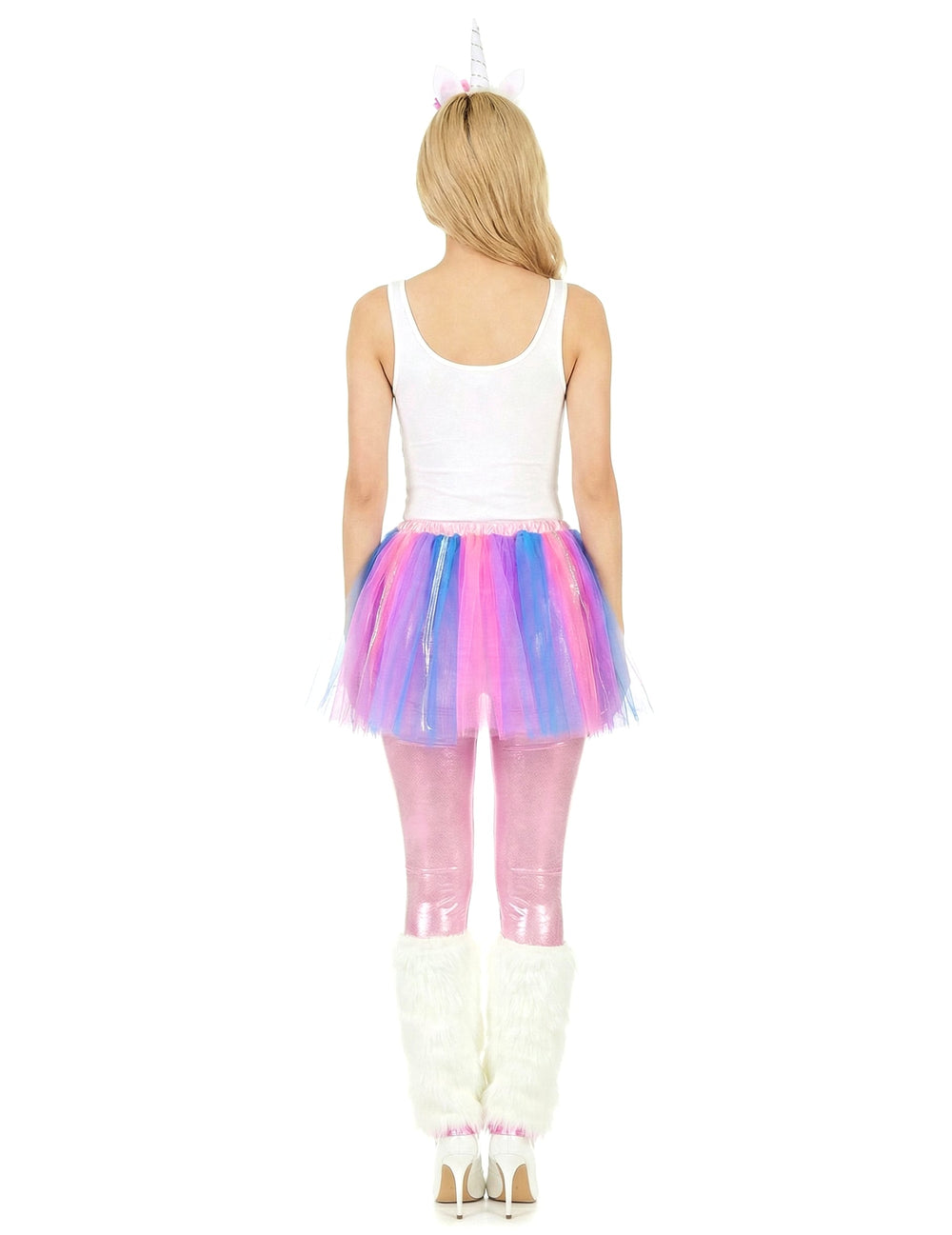 Vue de dos du déguisement de licorne multicolore pour femme