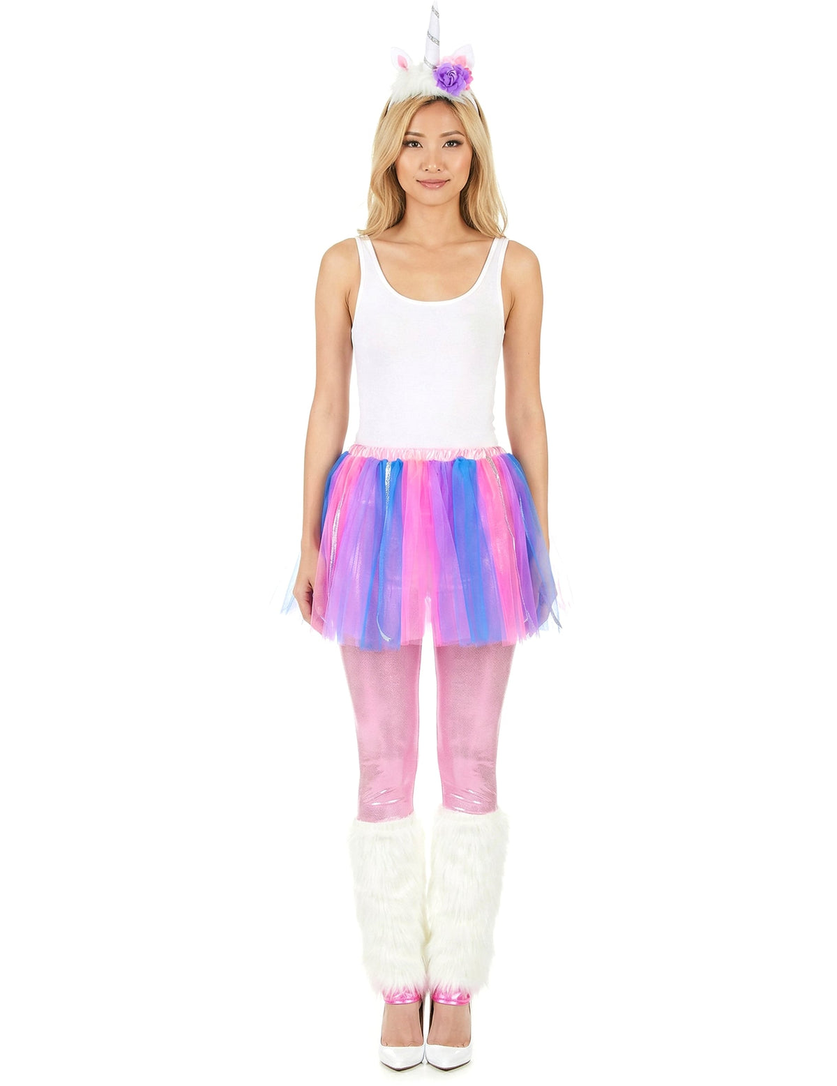 Vue de face du déguisement de licorne multicolore pour femme