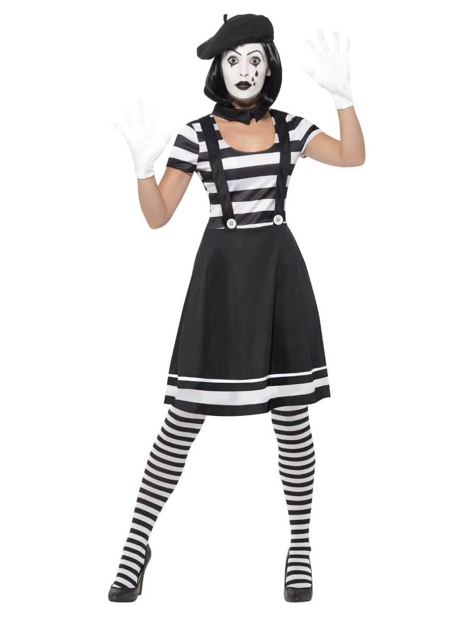 Costum de mim cu machiaj pentru femeie alb și negru cu fustă și beretă