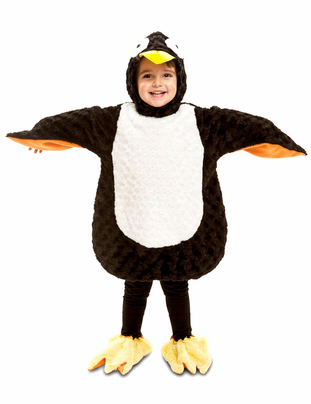 Vue de face bras écartés du déguisement de pingouin peluche