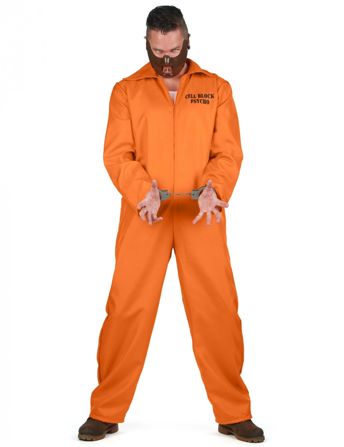 Costum de prizonier canibal pentru bărbat portocaliu cu mască și cătușe