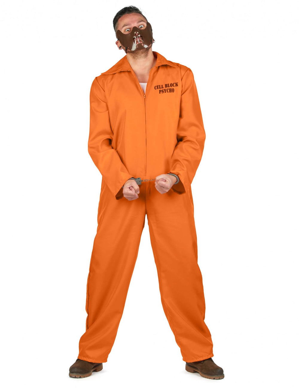 Costum de prizonier canibal pentru bărbat portocaliu cu mască și cătușe
