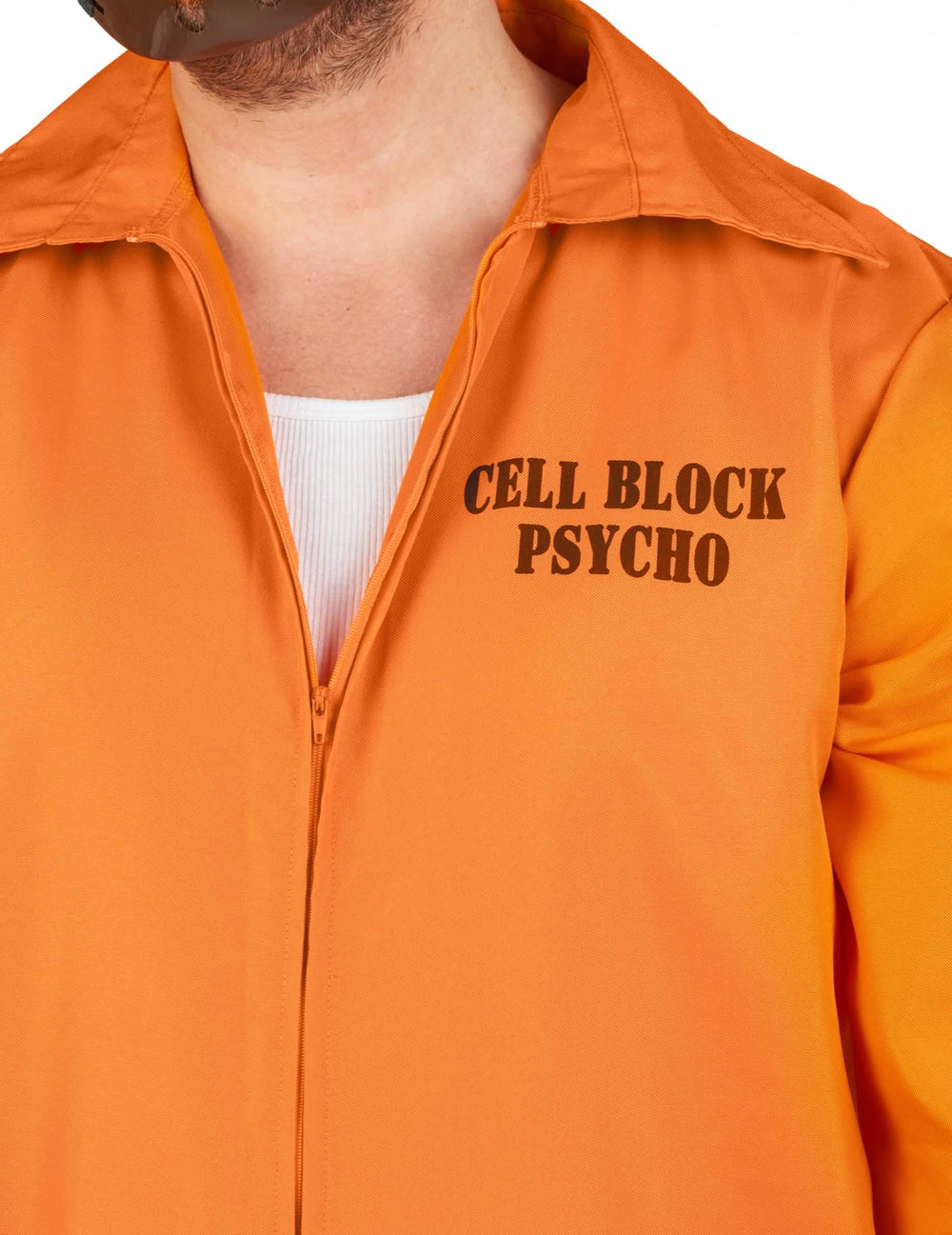 Detaliu al inscripției Cell Block Psycho a costumului de deținut canibal
