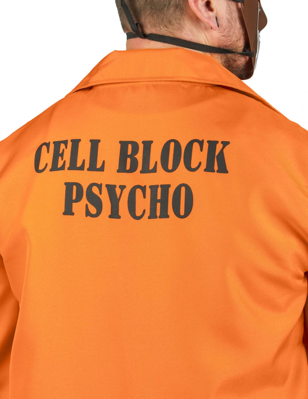 Vedere din spate cu inscripția Cell Block Psycho a costumului de deținut canibal