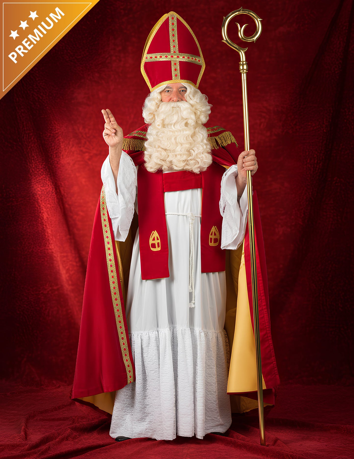 Déguisement de Saint-Nicolas Haut de Gamme pour adulte rouge et blanc avec mitre et crosse