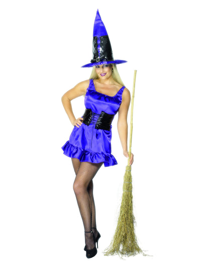 Costum de vrăjitoare sexy de Halloween pentru femei, violet, cu pălărie și curea neagră