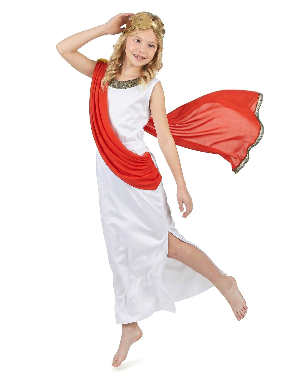 Costum de zeiță romană pentru fată alb cu drapaj roșu