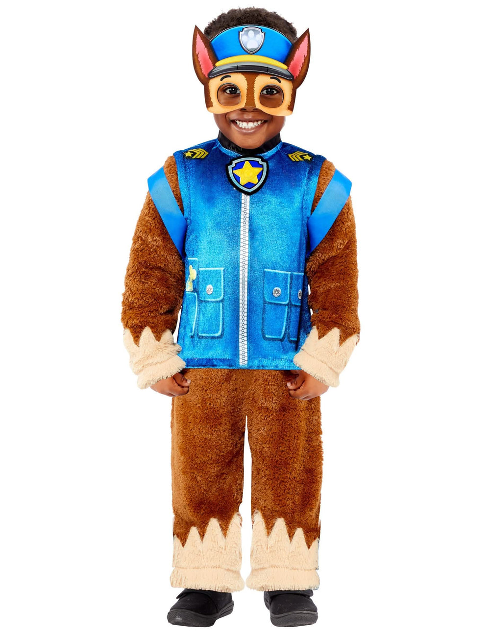 Costum deluxe Chase Pat'Patrouille pentru copil albastru și maro din pluș cu pălărie