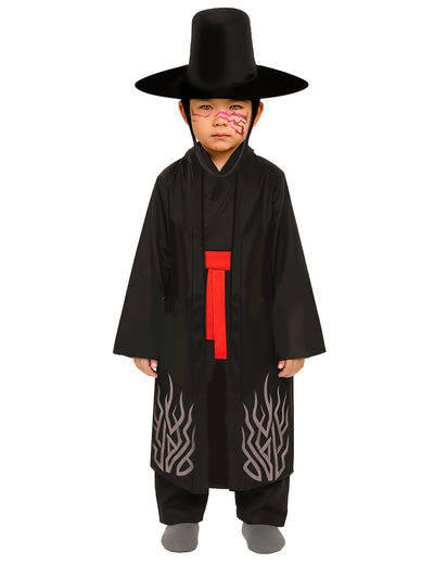 Déguisement démon possédé pour enfant noir avec ceinture rouge et chapeau haut de forme