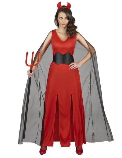 Déguisement démoniaque pour femme rouge et noir avec cape et serre-tête cornes