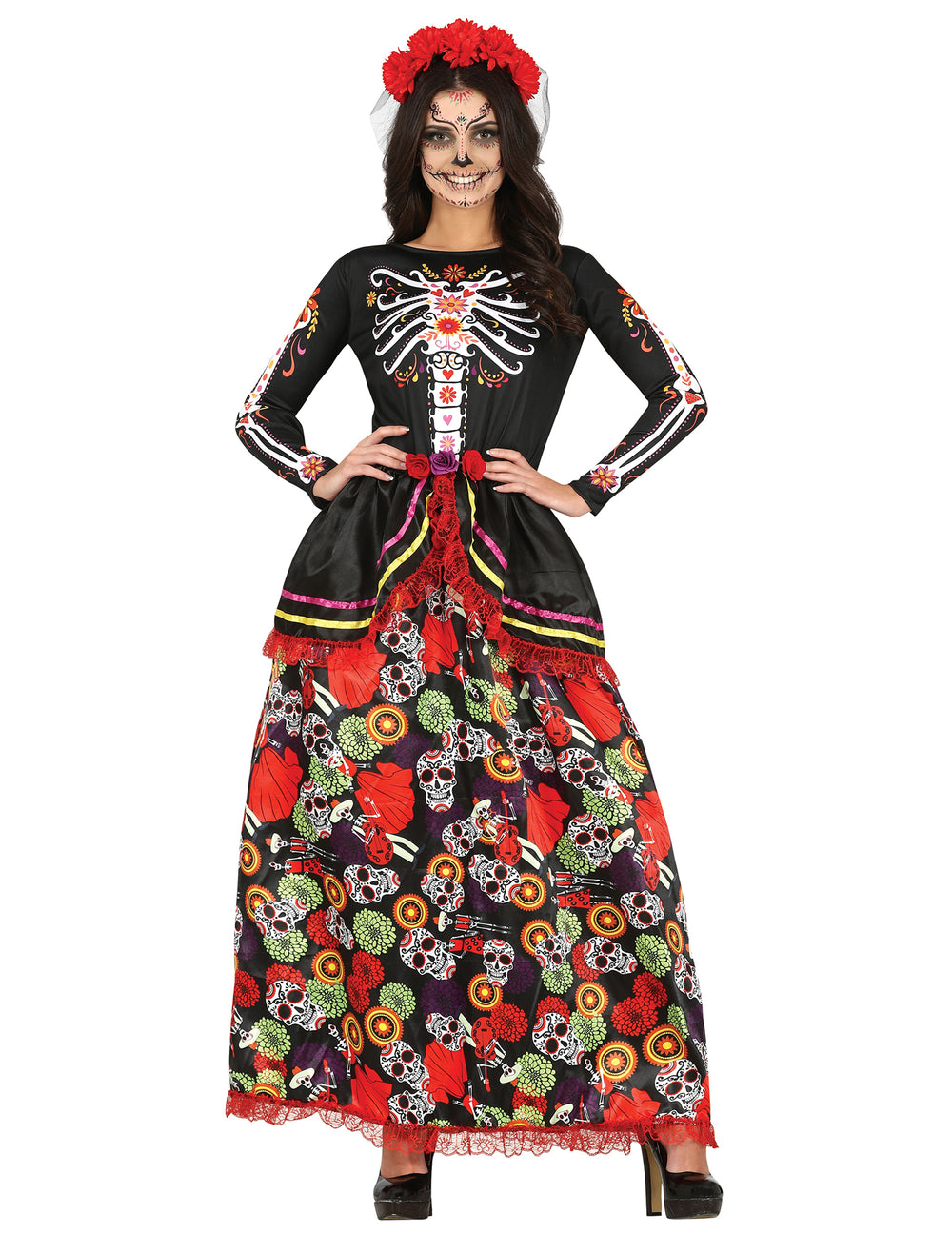 Vue de face du déguisement Dia de los muertos pour femme