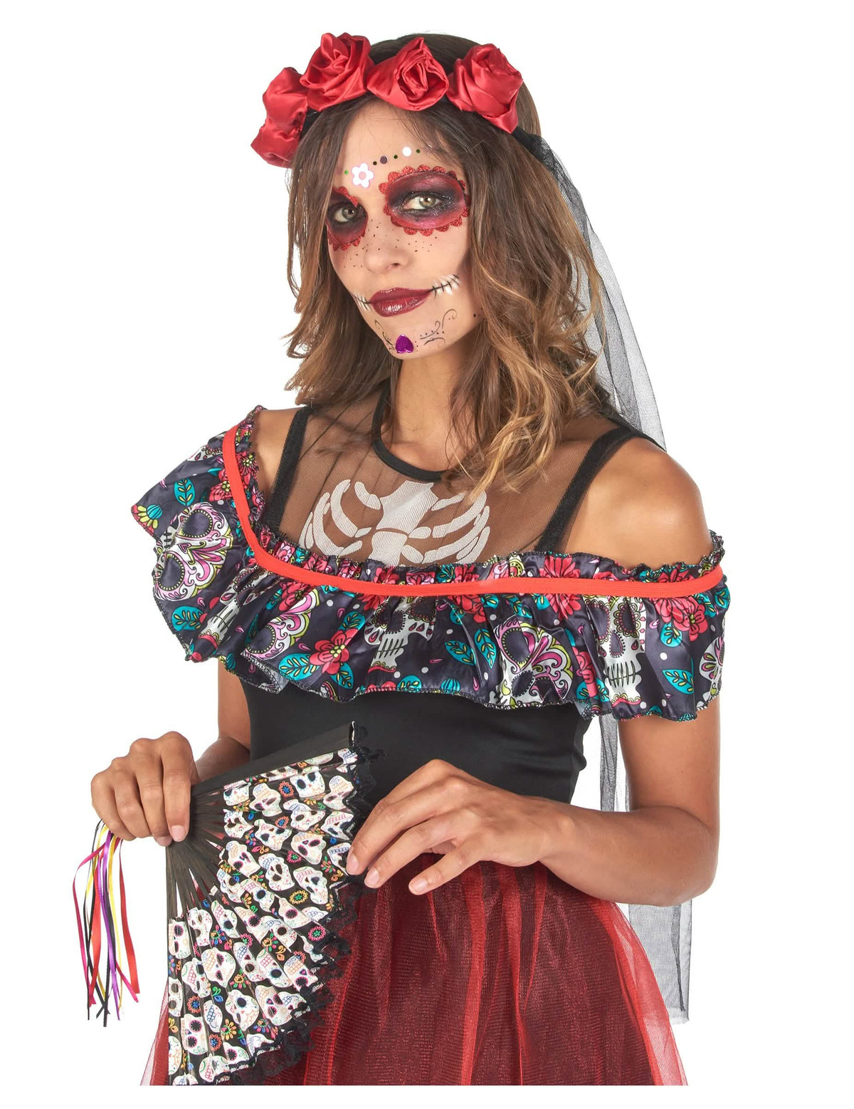 Evantai cu motive de cranii al costumului Dia de los Muertos pentru femeie
