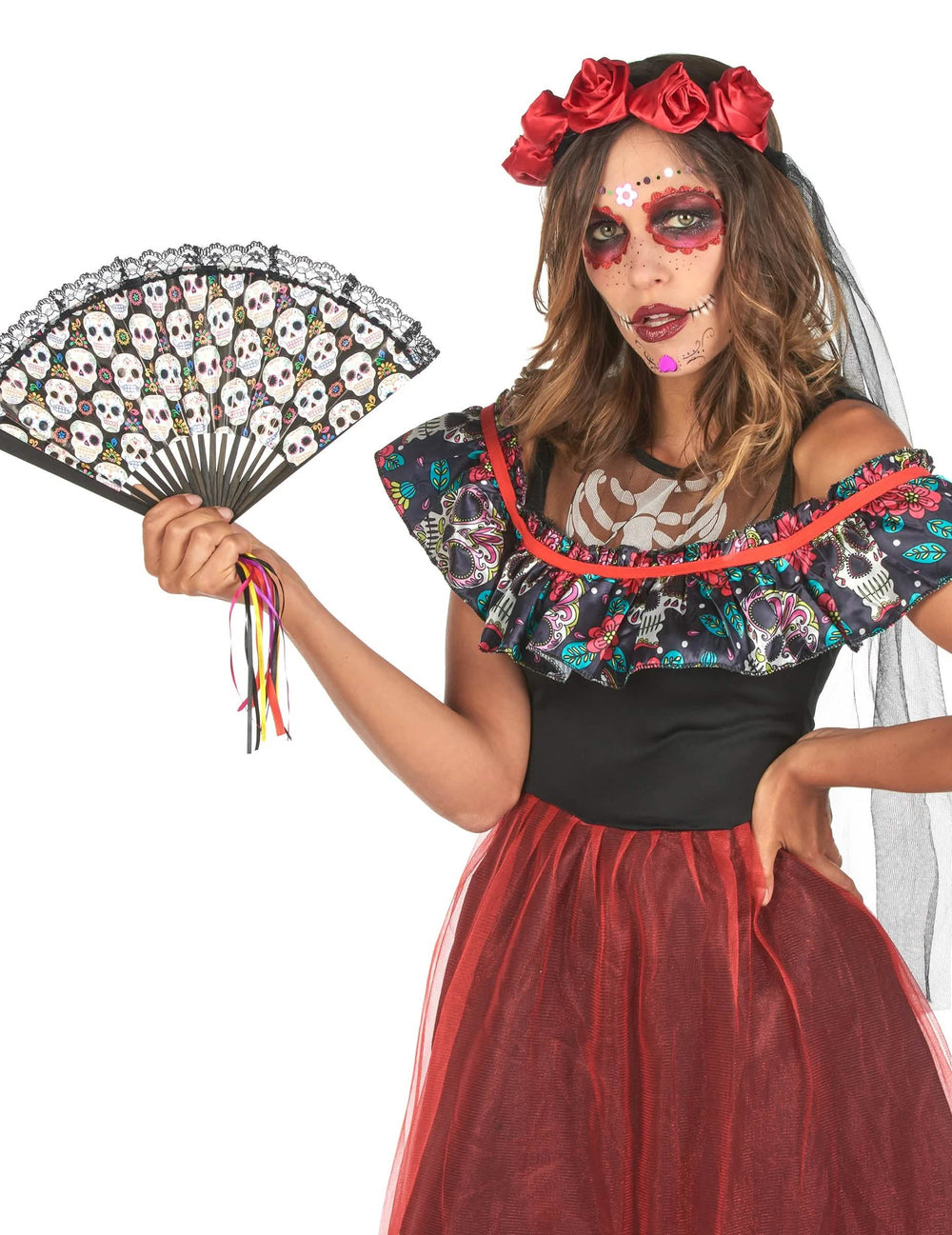 Vedere a bustului cu machiaj și evantaiul costumului Dia de los Muertos pentru femeie