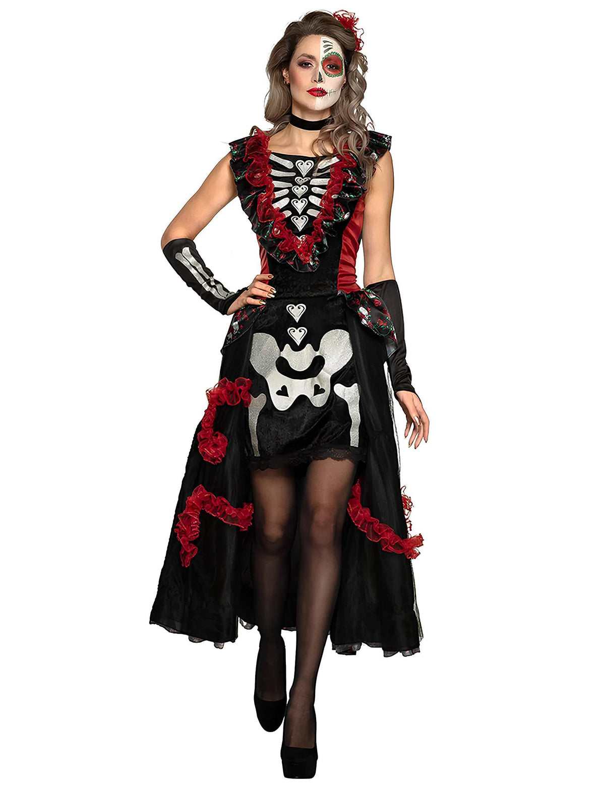Costum dia de los muertos pentru femeie negru și roșu cu jupon