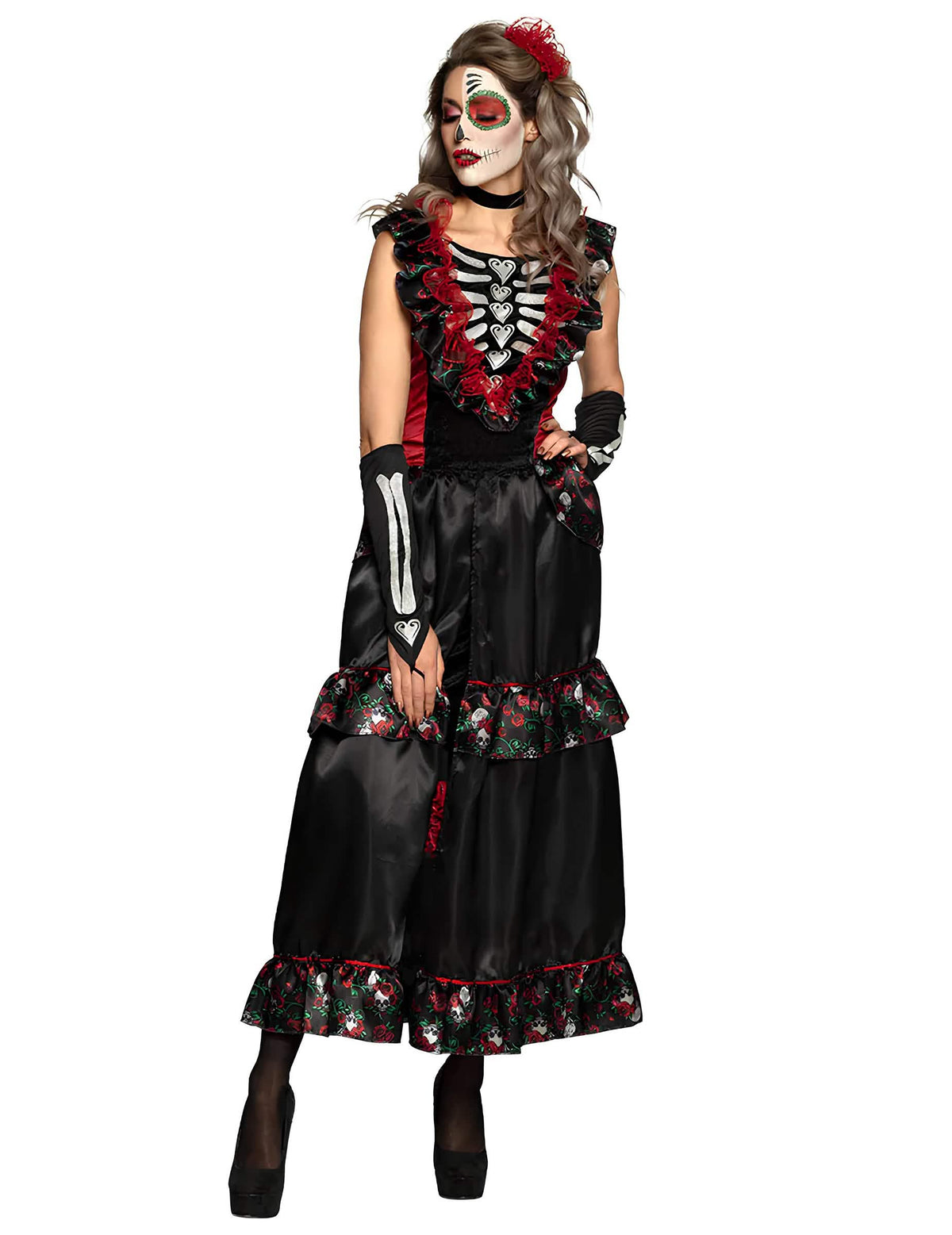Vedere din față a costumului dia de los muertos pentru femeie