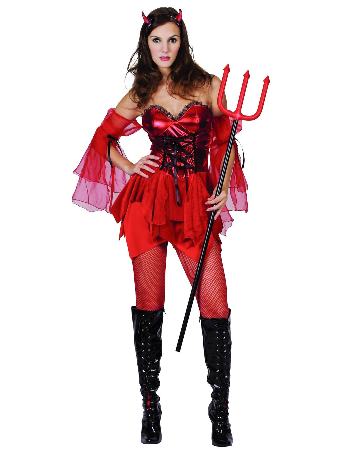 Costum de diablesă pentru femeie roșu cu corset și coarne