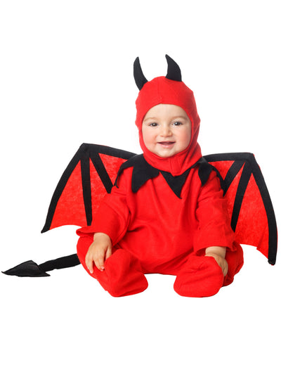 Costum de drăcușor cu cagulă pentru bebeluș, roșu și negru, cu aripi și coadă