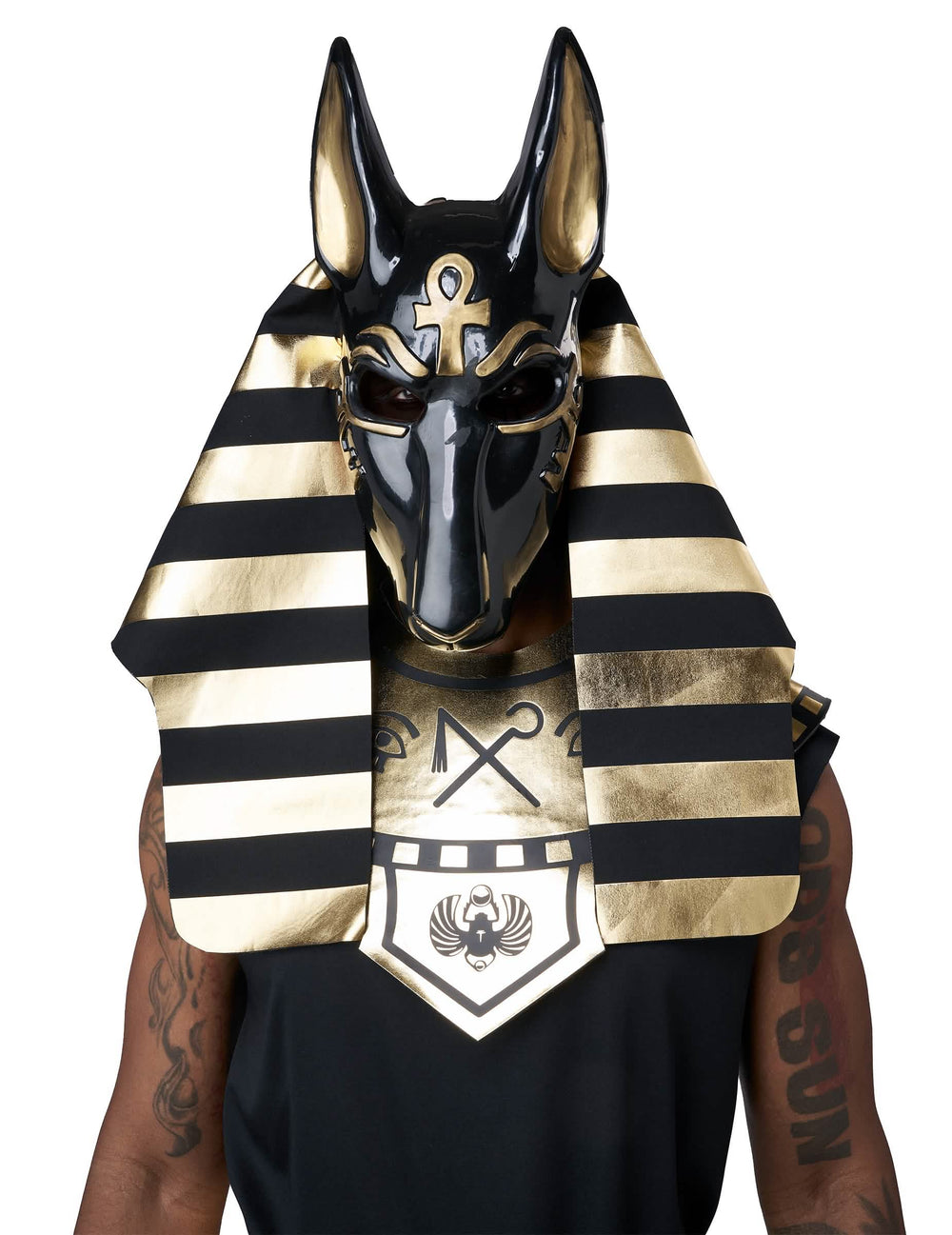 Prim-plan asupra măștii costumului de zeu Anubis lux