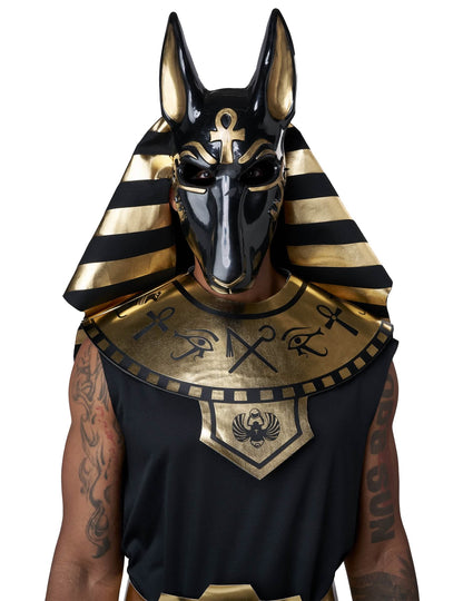 Detaliu al coifului și al gulerului auriu al costumului de zeu Anubis lux