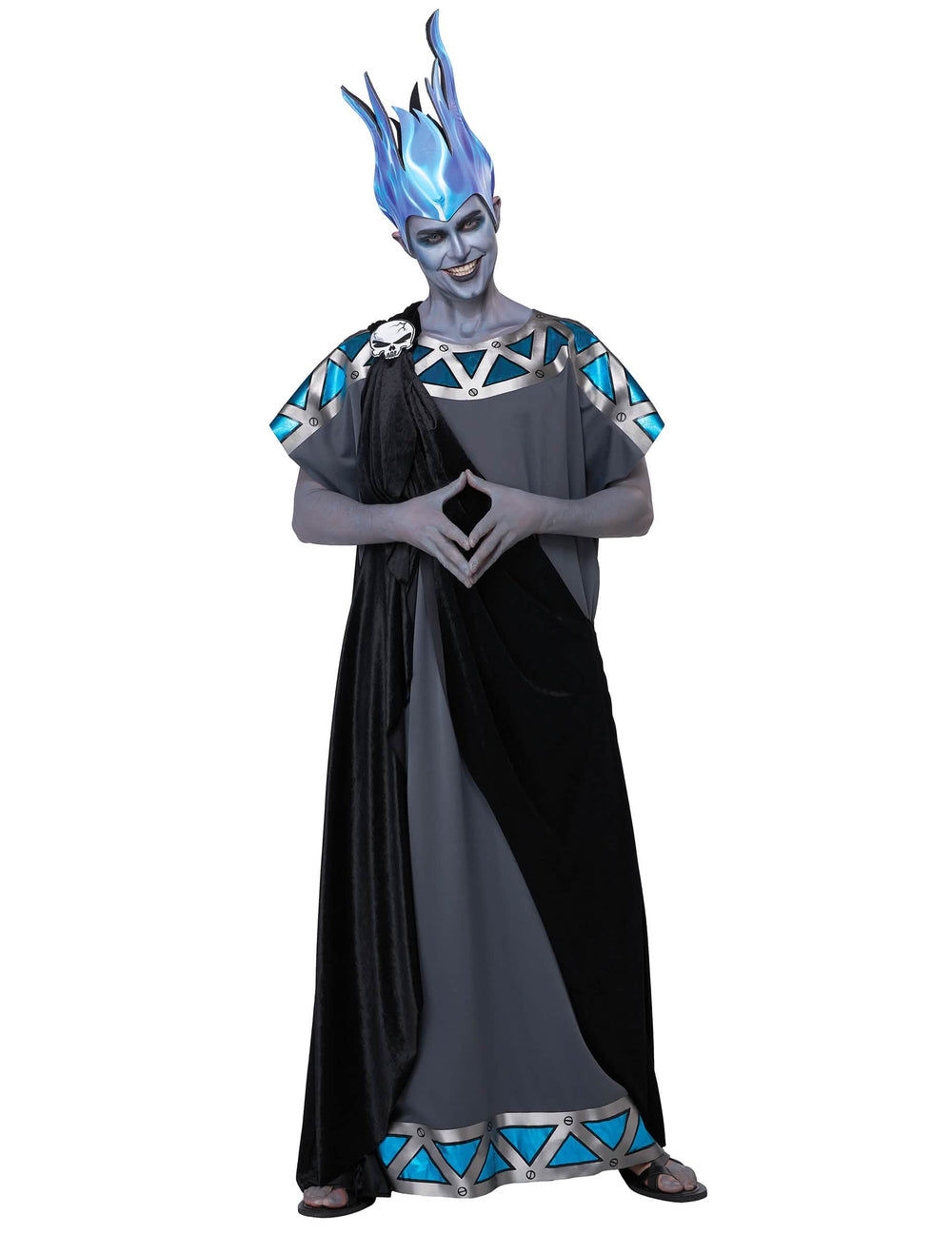 Costum zeul infernului pentru adult gri și negru cu coafă de flăcări albastre