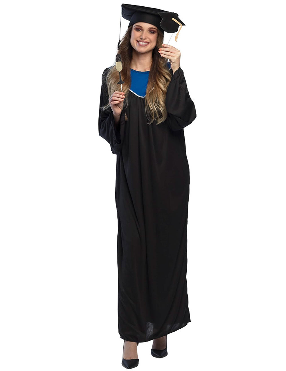 Déguisement de diplômé pour adulte noir avec chapeau et col bleu