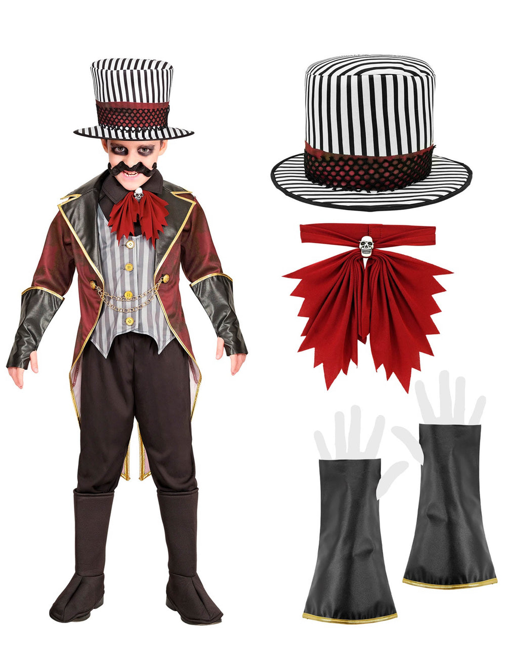 Chapeau, jabot et gants du déguisement directeur de cirque sinistre