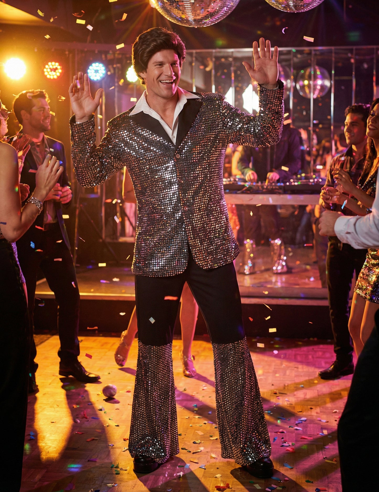 Costum disco argintiu de lux pentru bărbat