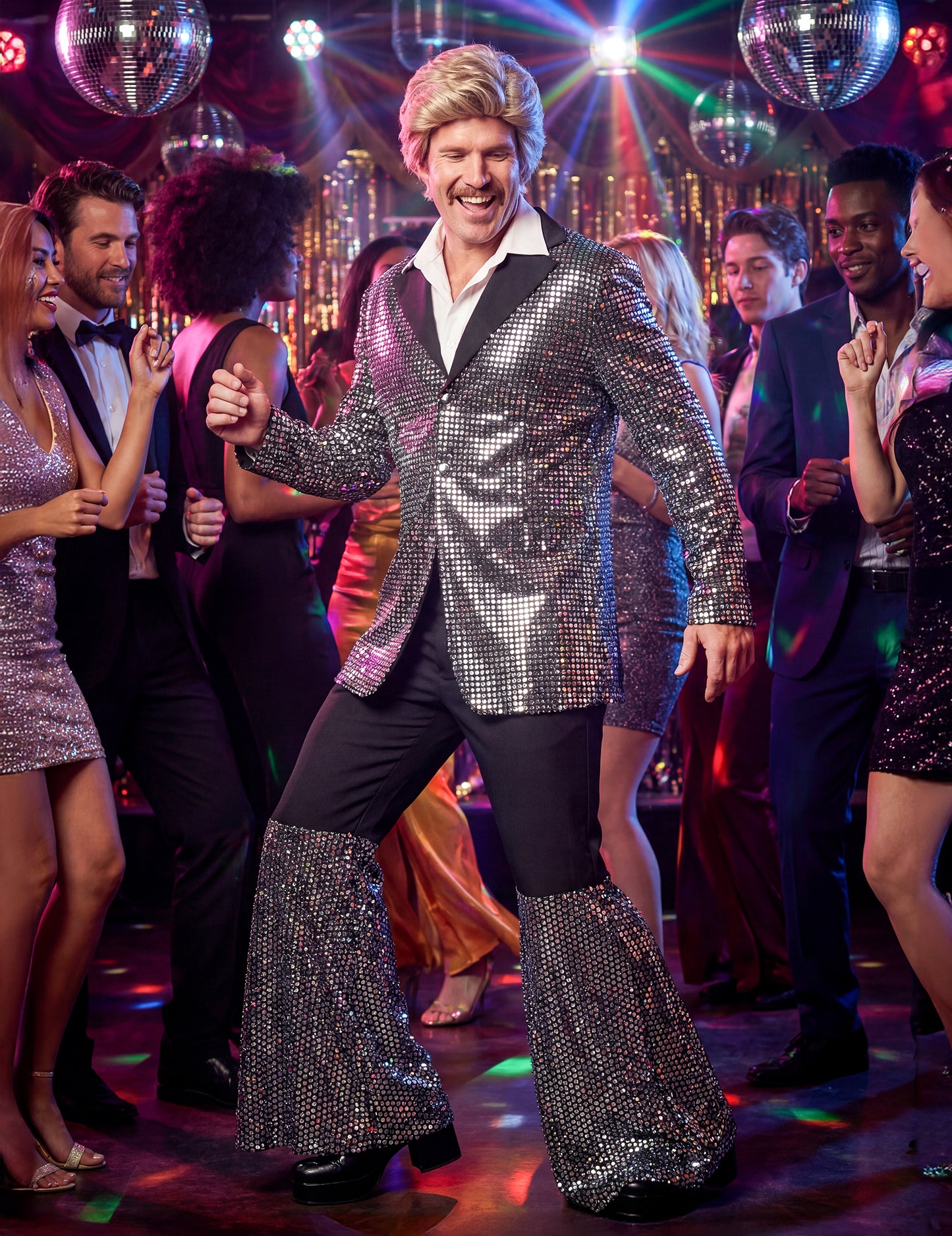 Costum disco argintiu de lux pentru bărbat