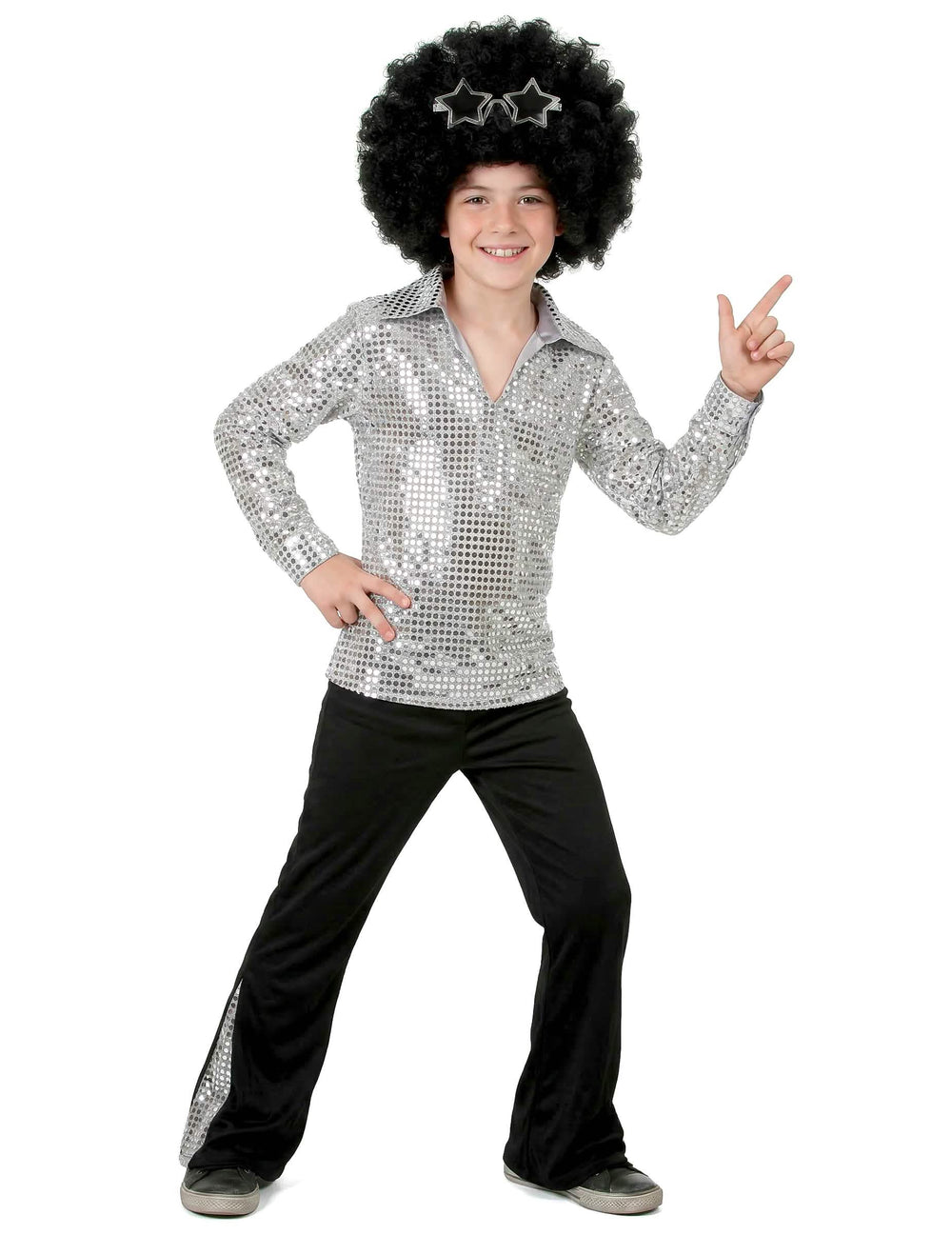 Poza de costum disco pentru băiat argintiu cu paiete