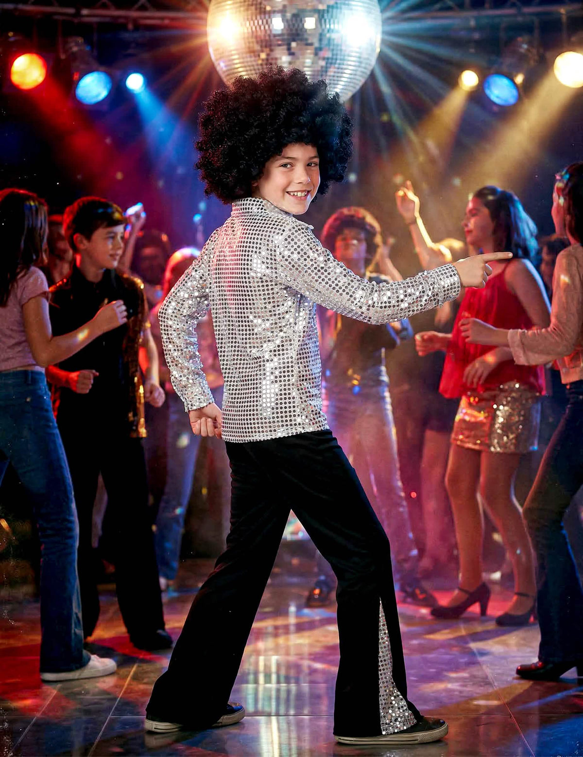 Vedere din profil a costumului disco pentru băiat argintiu cu paiete