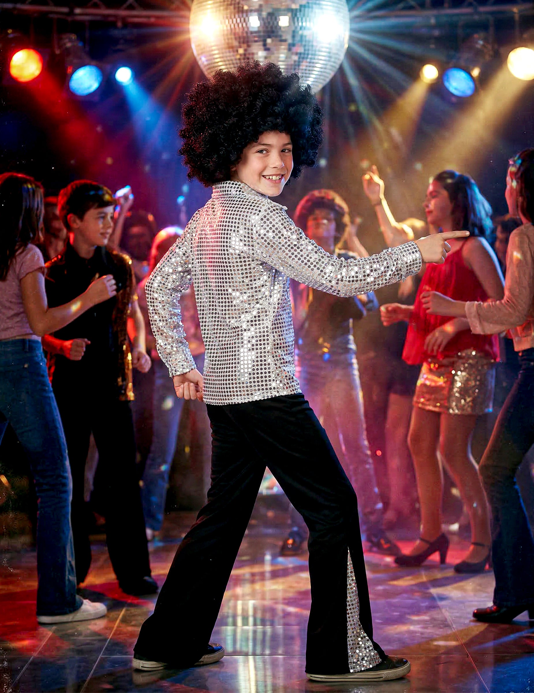 Vue de profil du déguisement disco pour garçon argent à sequins