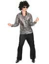 Déguisement disco pour homme argenté avec chemise brillante et pantalon noir